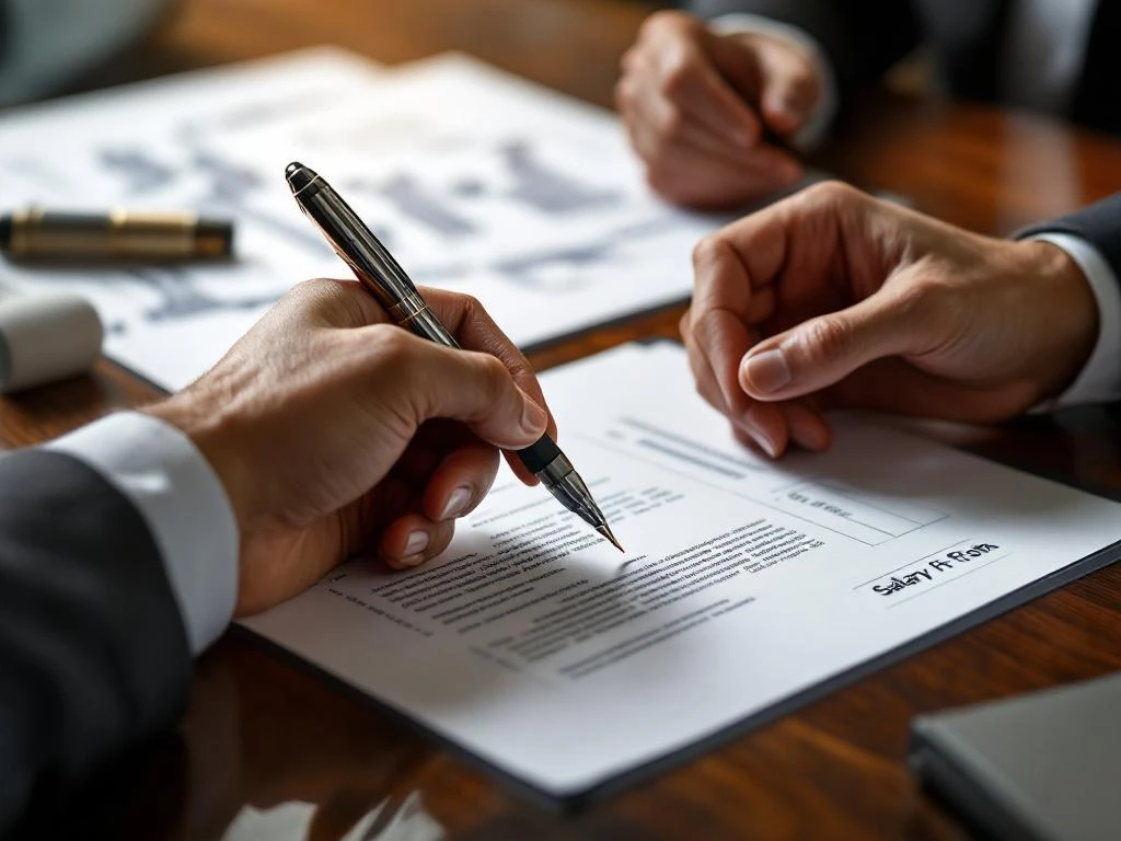 Twee professionele handen tijdens salarisonderhandeling, één met pen boven contract, architecturale documenten op achtergrond