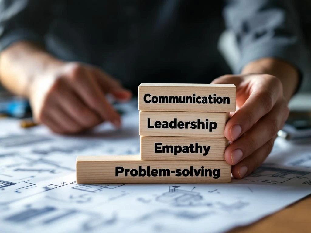 Handen die houten blokken met soft skills zoals communicatie en leiderschap stapelen op modern bureau met blauwdrukken