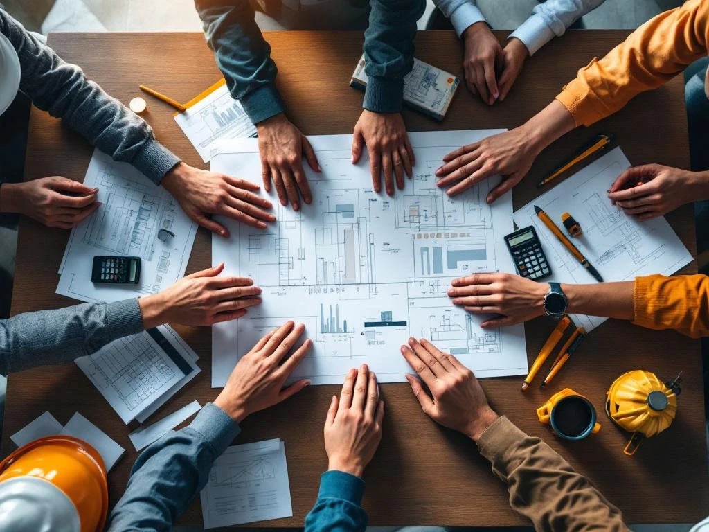 Diverse handen komen samen boven bouwplannen en architectuurtekeningen op vergadertafel met constructietools