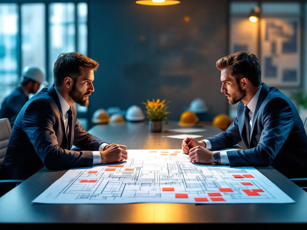 Twee zakenmensen in gespannen onderhandeling over bouwplannen met rode correcties op moderne vergadertafel