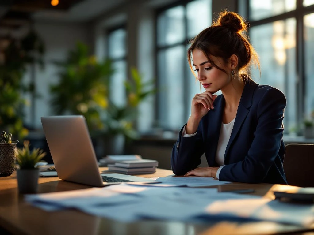 Professionele vrouw in marineblauw jasje bekijkt sollicitatiebrieven aan bureau met laptop en HR-portal op achtergrond
