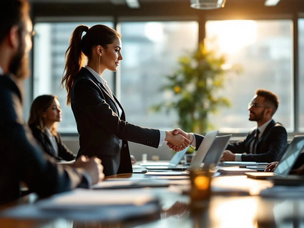 Professionele vrouw schudt handen met collega aan vergadertafel met laptops en documenten in modern kantoor