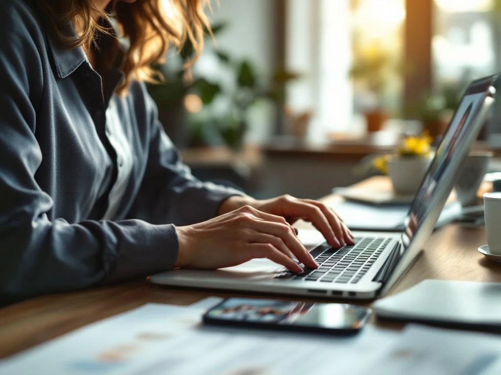 Professionele vrouw werkt op laptop in thuiskantoor met HR-documenten en videoconferentie op smartphone