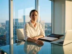 Professional in wit overhemd zit aan glazen bureau met open arbeidscontract naast laptop, natuurlijk licht door ramen