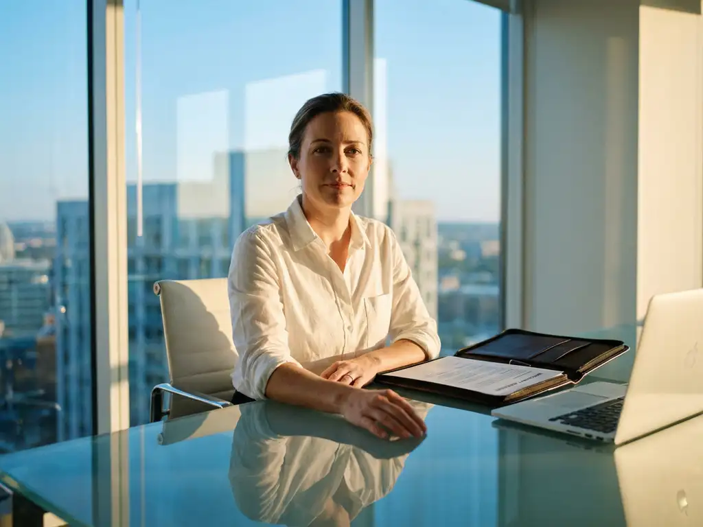 Professional in wit overhemd zit aan glazen bureau met open arbeidscontract naast laptop, natuurlijk licht door ramen