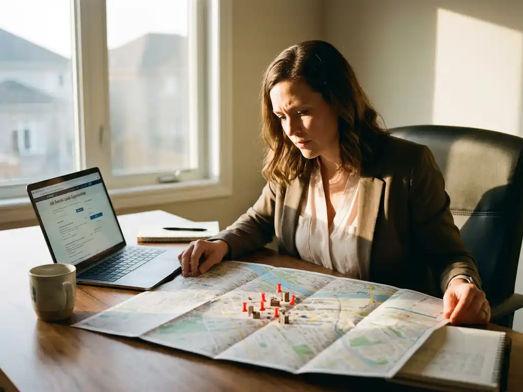 Professionele vrouw zoekt werk op laptop en bestudeert kaart met locatiepins van kantoorgebouwen in thuiskantoor