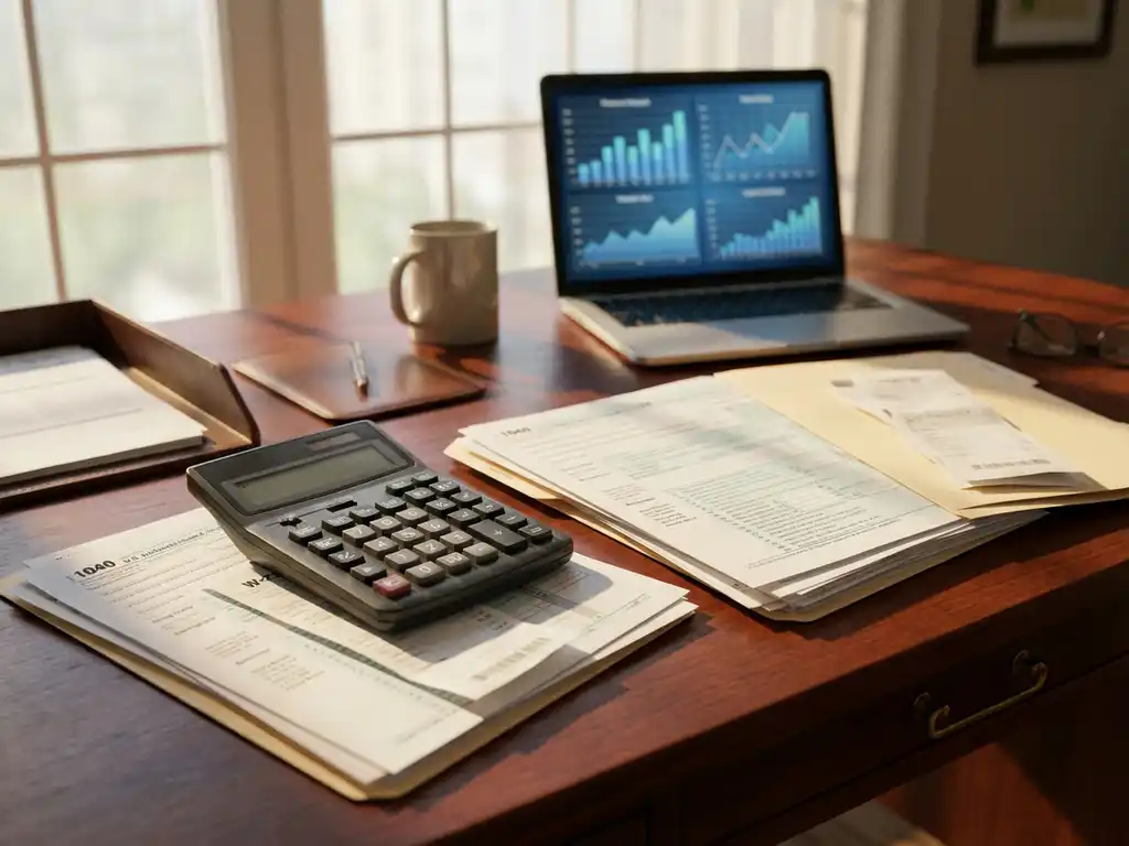 Professionele rekenmachine en belastingdocumenten op houten bureau met laptop die financiële grafieken toont