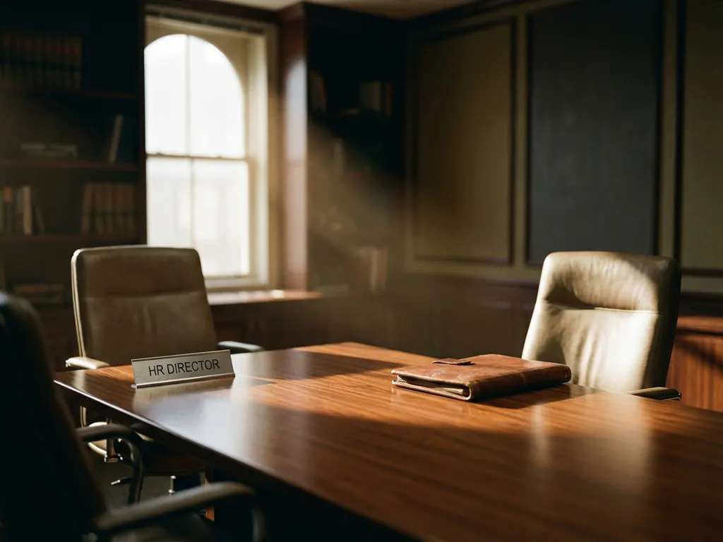 Mahonie bestuurstafel met HR-naamplaatje en manager portfolio, natuurlijk licht creëert schaduwen tussen beide stoelen