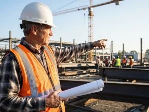 Zelfverzekerde bouwprojectmanager met blauwdrukken wijst naar drukke bouwplaats met kranen en staalconstructie