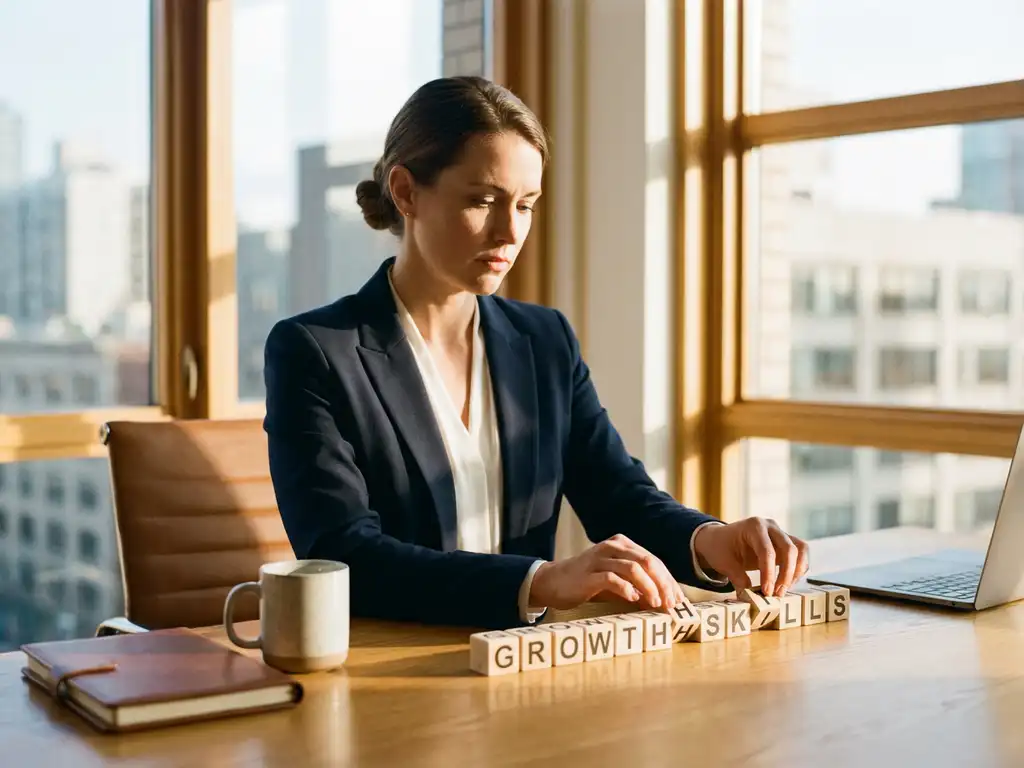 Professionele vrouw in pak plaatst houten blokken met carrièreontwikkeling concepten op modern kantoorbureau