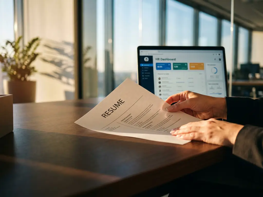 Professionele vrouw rangschikt CV-document op houten bureau, laptop met HR-software op achtergrond, modern kantoor