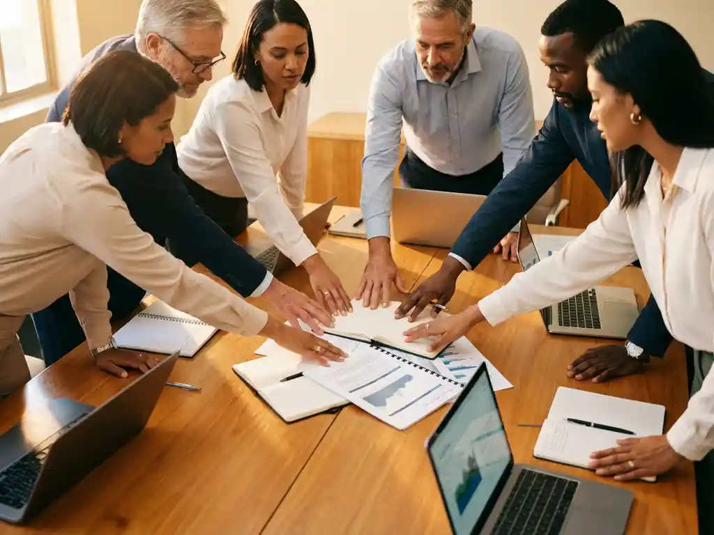 Divers projectteam in vergadering rond conferentietafel met laptops en documenten, samenwerkende handen in focus