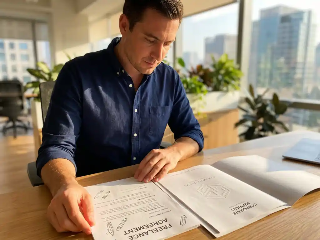 Professionele man in overhemd vergelijkt freelance- en bedrijfscontracten aan modern bureau bij raam