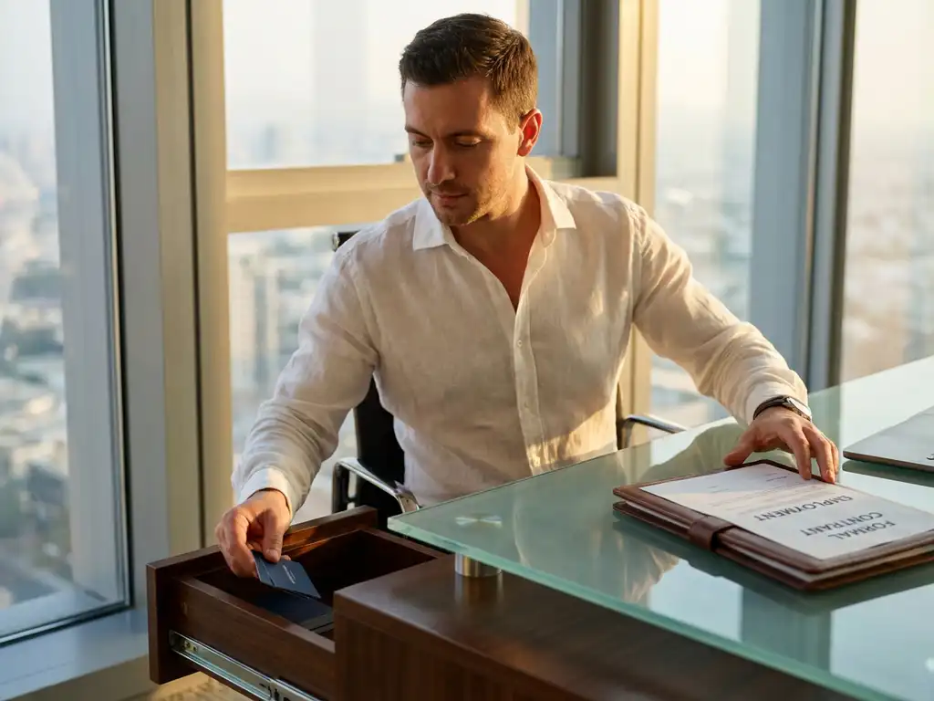 Professionele ingenieur in wit overhemd plaatst visitekaartjes in bureaulade terwijl hij arbeidscontract pakt van glazen bureau