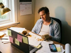 Gestresste projectmanager aan rommelig bureau met omgevallen koffiekop, gemiste deadlines op kalender en plaknotities