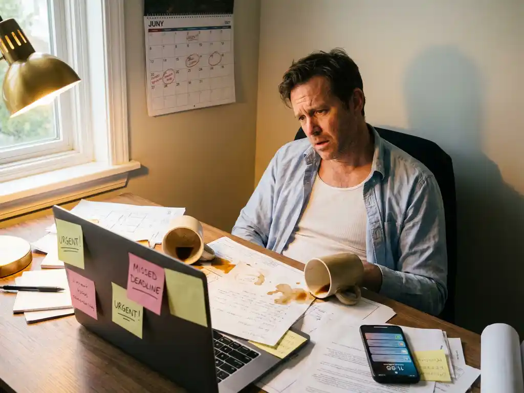 Gestresste projectmanager aan rommelig bureau met omgevallen koffiekop, gemiste deadlines op kalender en plaknotities