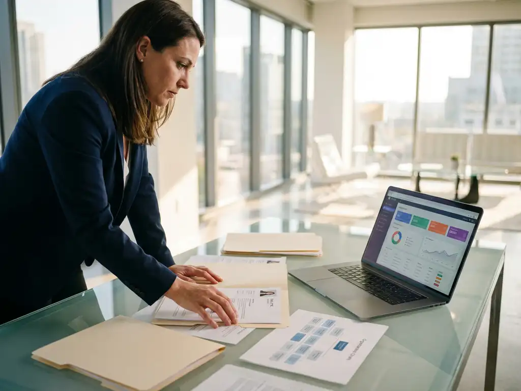HR-adviseur in marineblauw jasje bekijkt cv's en organisatieschema's aan glazen bureau in modern kantoor