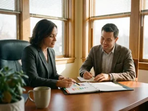 HR-adviseur en medewerker bespreken personeelsdocumenten en strategische grafieken aan kantoorbureau bij raam