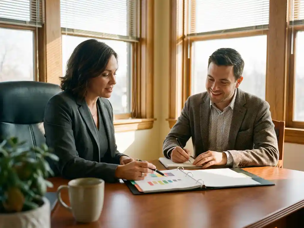 HR-adviseur en medewerker bespreken personeelsdocumenten en strategische grafieken aan kantoorbureau bij raam