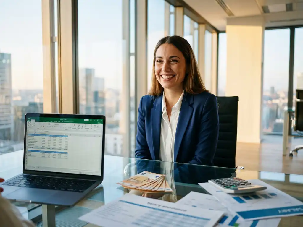 HR-adviseur in marineblauw jasje aan glazen bureau met rekenmachine, salarisdocumenten en laptop met spreadsheet