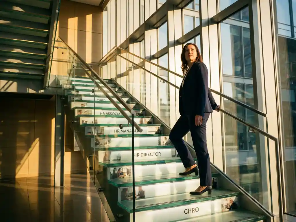 Professionele vrouw in pak klimt glazen trap in modern kantoorgebouw, symboliseert HR-carrièregroei