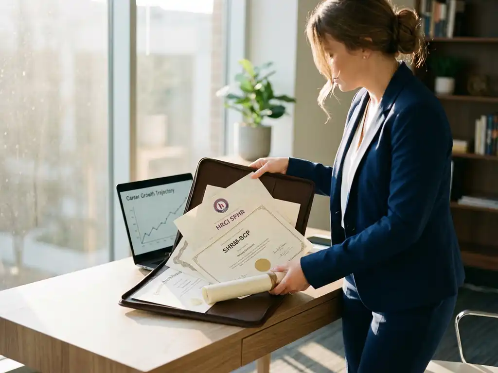 Professionele vrouw toont HR-certificaten en diploma's aan bureau met laptop en carrièregrafieken in modern kantoor
