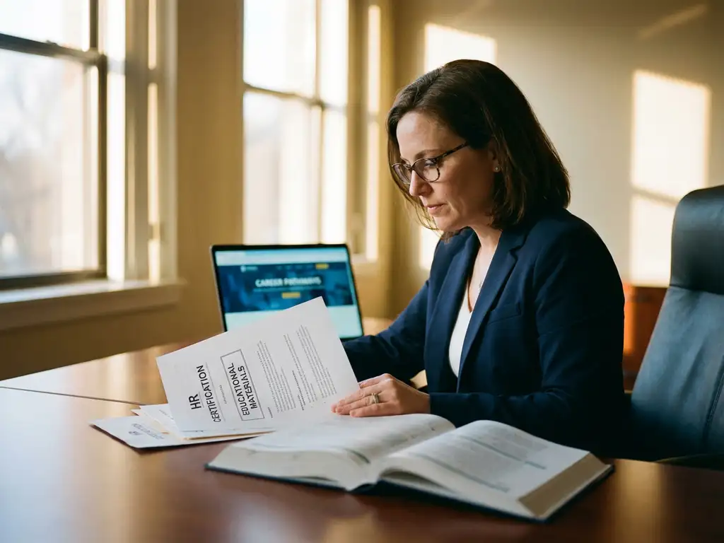 Professionele vrouw in pak bestudeert HR-certificeringsdocumenten aan modern bureau met laptop op achtergrond