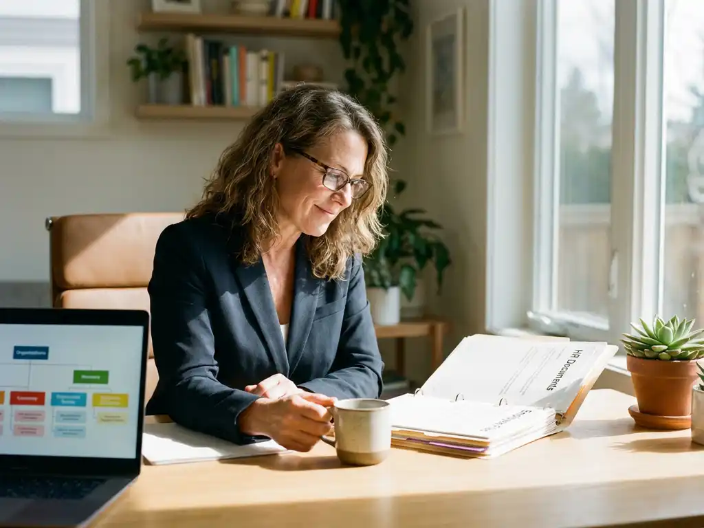 Professionele vrouw in pak bekijkt HR-documenten aan modern thuiskantoor bureau met laptop en organisatieschema's