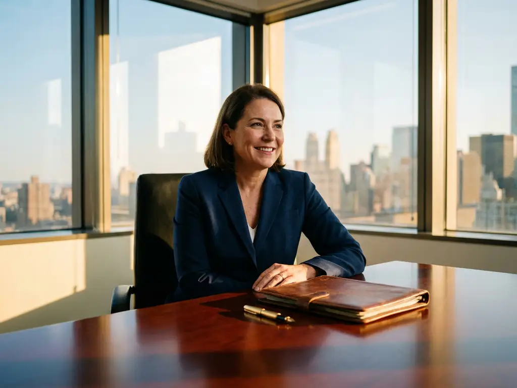 HR-directeur in marineblauw pak achter mahoniehouden bureau in hoekbureau met stadsgezicht en gouden zonlicht