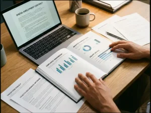 HR-manager bekijkt personeelshandboek met salarisschalen en contracten op laptop aan georganiseerd bureau