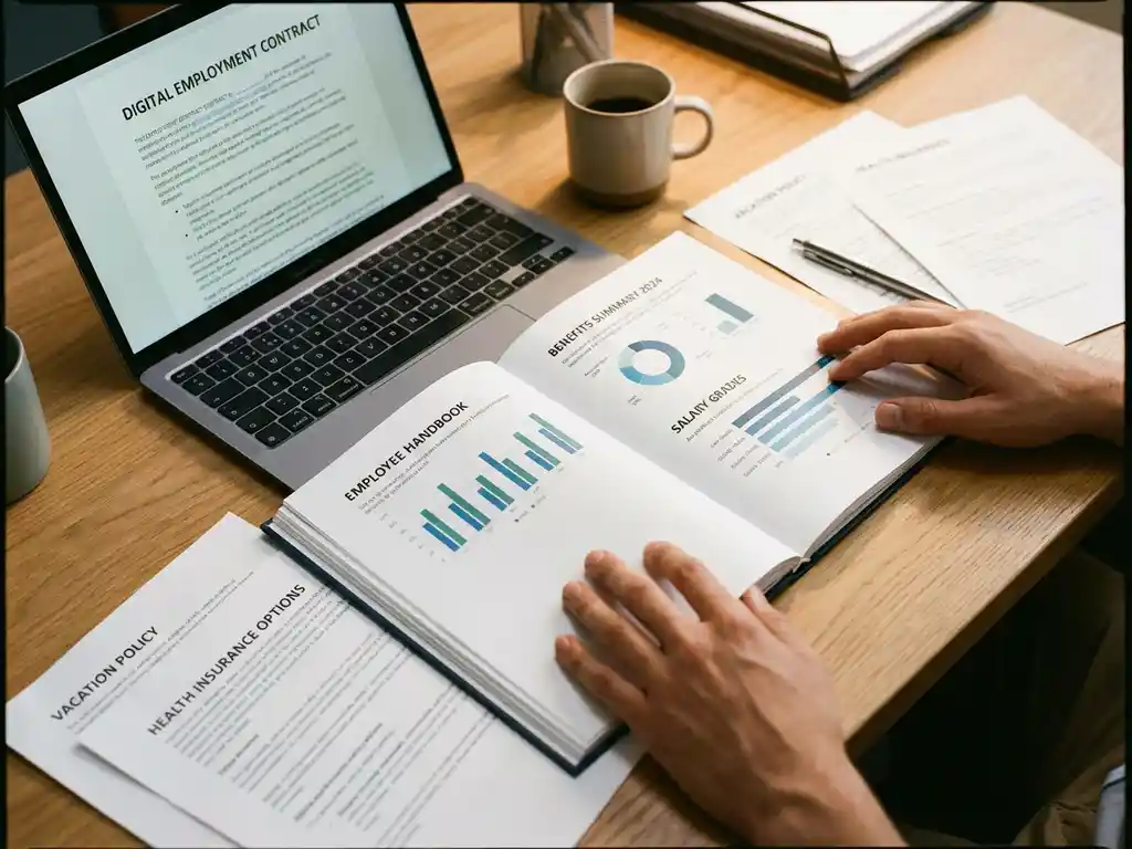 HR-manager bekijkt personeelshandboek met salarisschalen en contracten op laptop aan georganiseerd bureau
