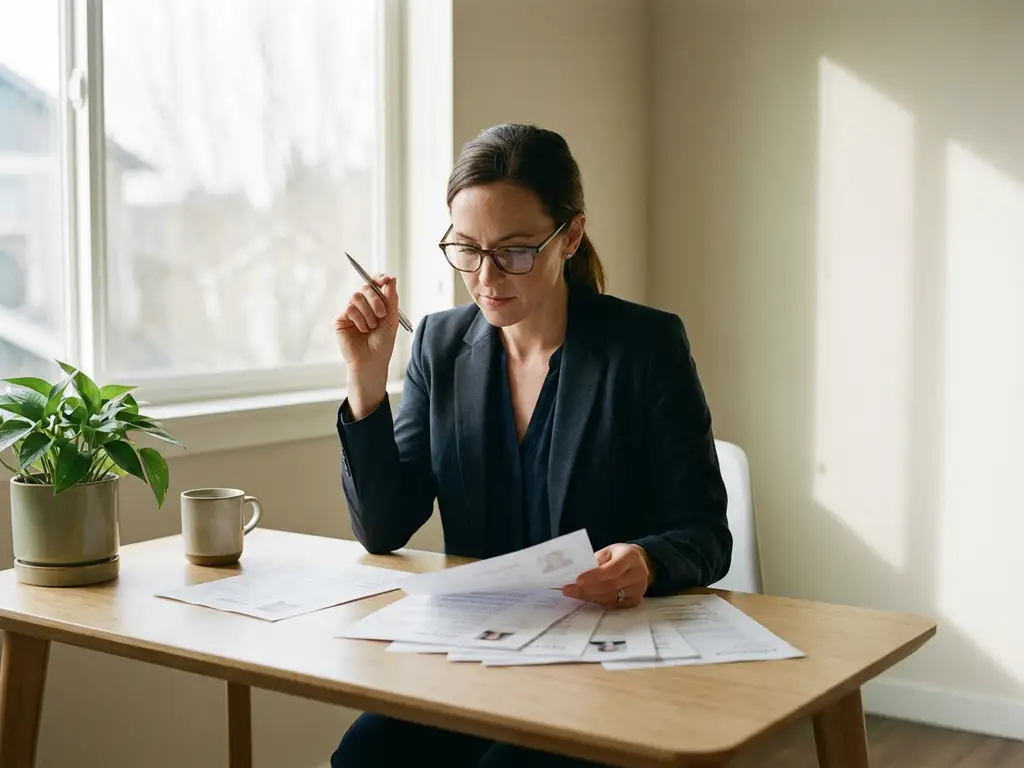 Professionele vrouw in pak beoordeelt cv's aan modern bureau met plant en koffie bij raam