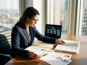 Professionele vrouw in marineblauw jasje bekijkt cv's en personeelsdossiers aan modern kantoorbureau