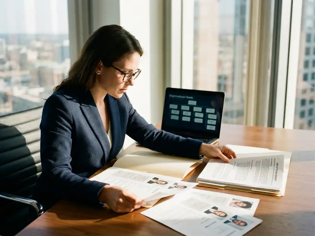 Professionele vrouw in marineblauw jasje bekijkt cv's en personeelsdossiers aan modern kantoorbureau