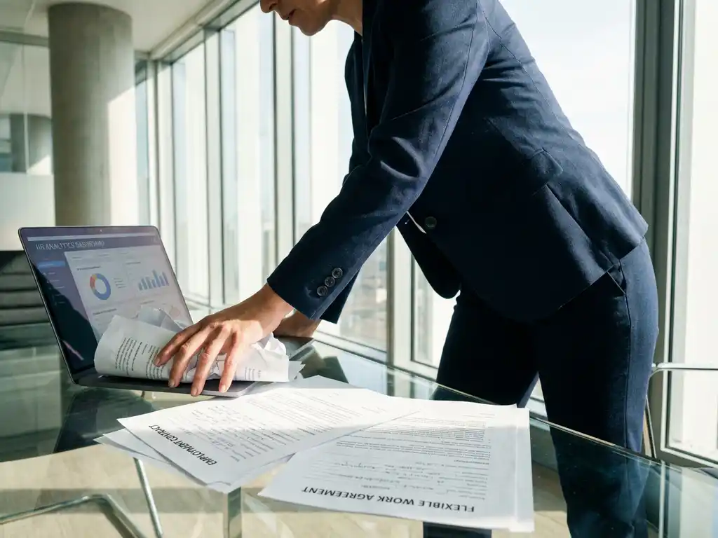 Professionele zakenvrouw in marineblauw pak aan glazen bureau met laptop en arbeidscontracten in licht kantoor
