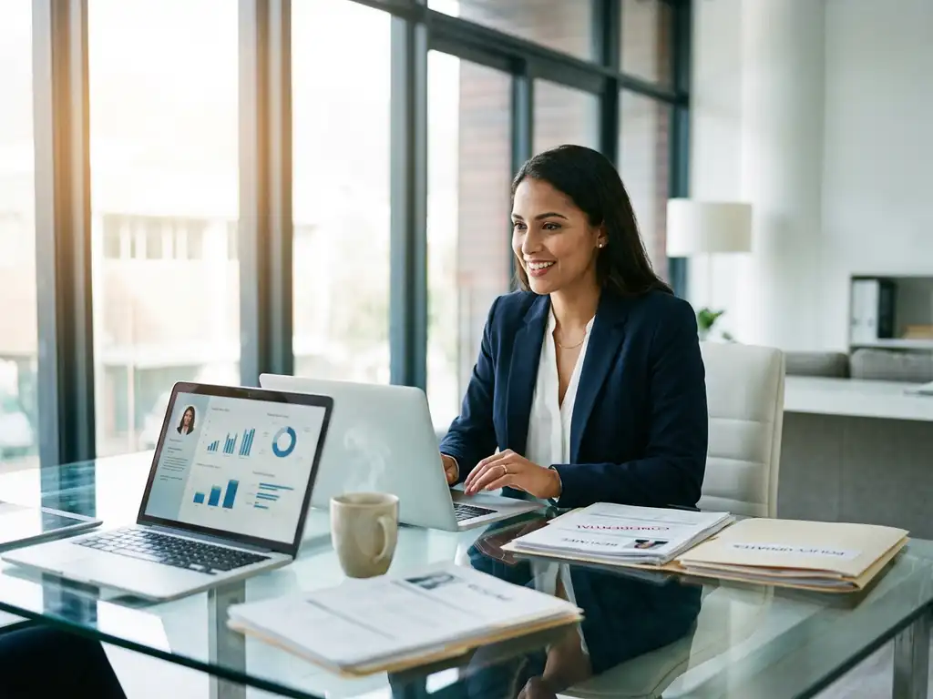 HR-manager in pak zit aan glazen bureau met laptops, cv's en documenten in modern kantoor met natuurlijk licht