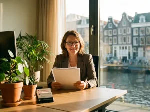 HR-manager bekijkt cv's aan bureau in modern kantoor met Nederlandse stadsgezicht op achtergrond