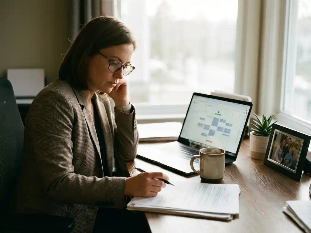 HR-manager bekijkt werknemersdocumenten aan modern bureau met laptop, koffie en plant in kantoor met natuurlijk licht