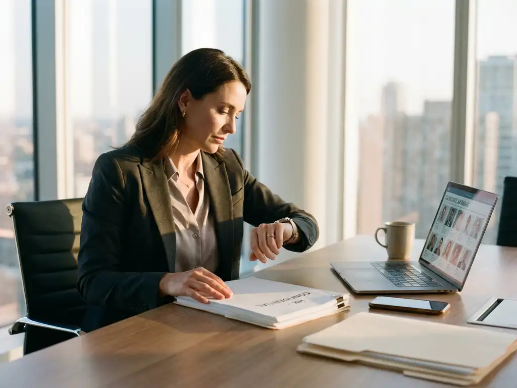 Professionele vrouw in pak controleert horloge terwijl ze HR-documenten organiseert aan modern kantoorbureau met laptop