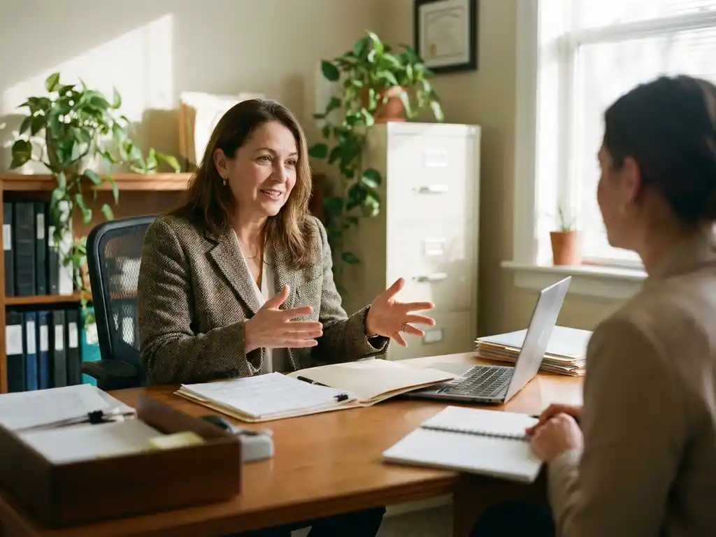 HR-manager voert een-op-een gesprek met collega aan modern kantoorbureau in natuurlijk verlichte werkruimte