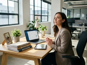 HR-manager analyseert prestatiemetrics op laptop aan modern kantoorbureau met personeelsdossiers in natuurlijk licht