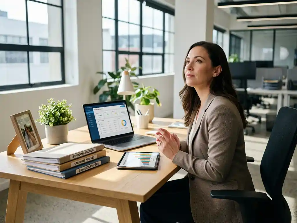 HR-manager analyseert prestatiemetrics op laptop aan modern kantoorbureau met personeelsdossiers in natuurlijk licht