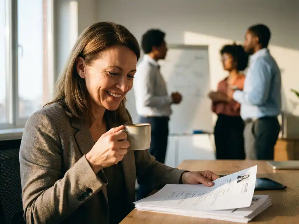 HR-manager bekijkt cv's aan bureau met koffie, lachend, diverse teamleden op achtergrond in modern kantoor