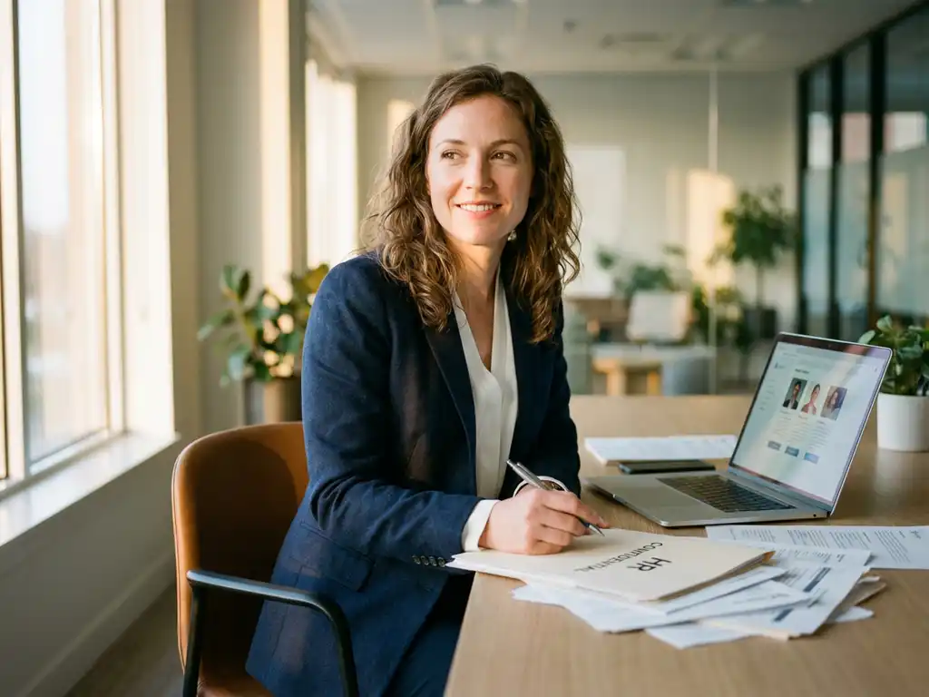 Professionele vrouw in pak bekijkt HR-documenten en kandidaatprofielen op laptop aan modern kantoorbureau