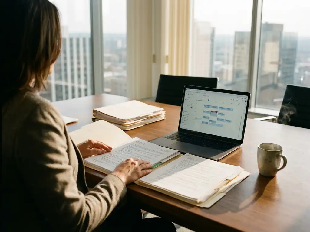 HR-manager bekijkt personeelsdossiers aan modern bureau met laptop, documenten en koffie in kantoor met natuurlijk licht