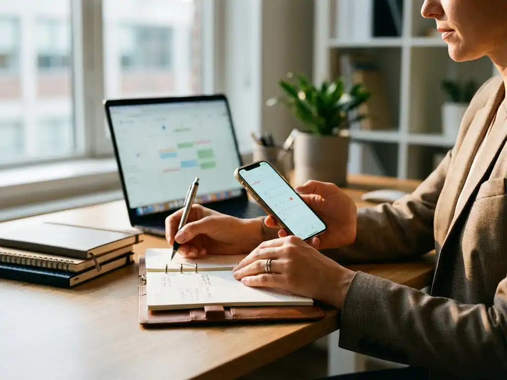 HR-manager schrijft in planner terwijl ze smartphone met agenda-app vasthoudt aan modern bureau in kantoor
