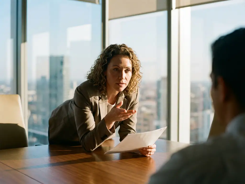 HR-manager voert professioneel sollicitatiegesprek in moderne kantooromgeving met natuurlijk licht