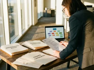HR-manager bekijkt cv's en sollicitatiemappen op bureau met laptop in modern kantoor met natuurlijk licht