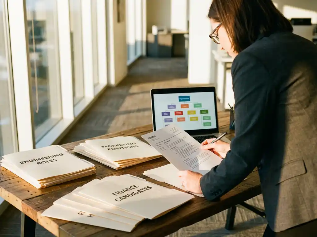 HR-manager bekijkt cv's en sollicitatiemappen op bureau met laptop in modern kantoor met natuurlijk licht