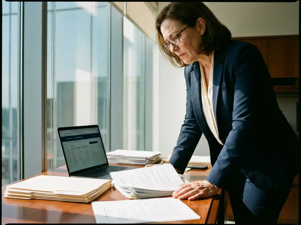 Professionele vrouw in pak bekijkt sollicitatiebrieven aan bureau met laptop en cv-mappen in modern kantoor